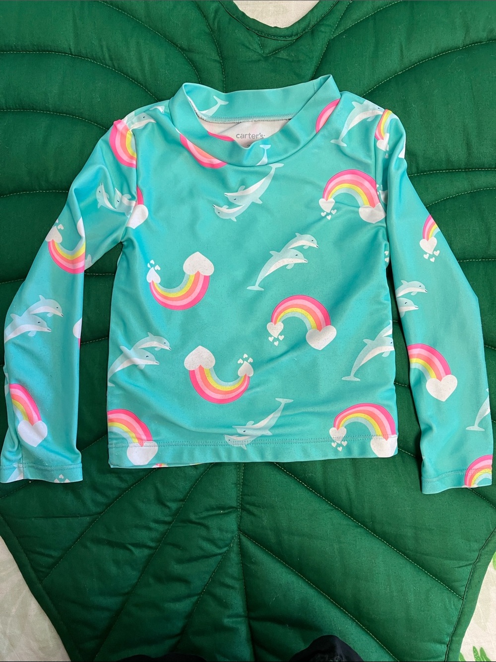 Carter's mint Dolphin & Rainbow Long Sleeve Rash Guard, size 2T.